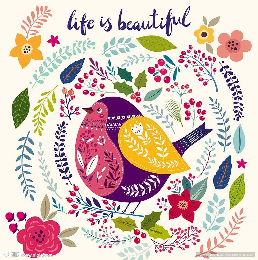 卡通小鸟花草矢量素材