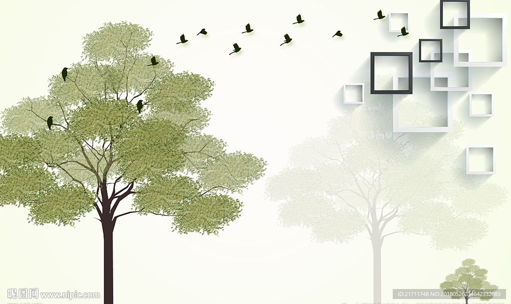简约小树黑白框框小鸟电视背景墙