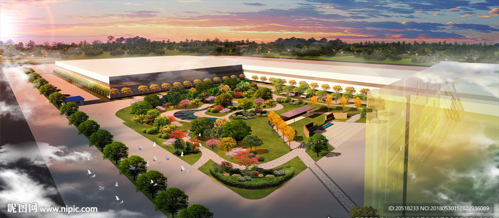 厂区景观夜景效果图分层PSD