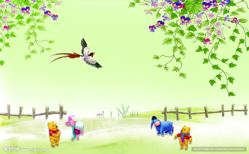 手绘卡通树林动物背景墙装饰画