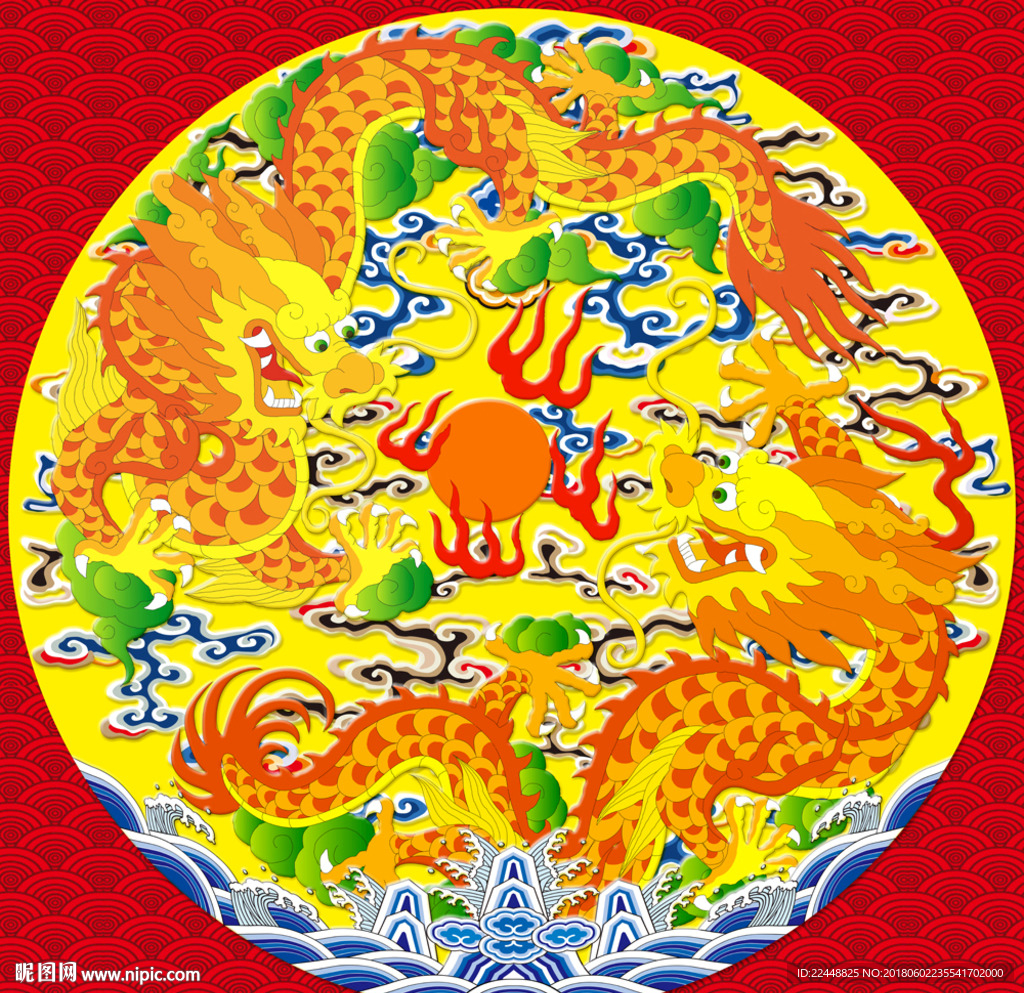 创意高端大气双团龙纹样巨幅图案