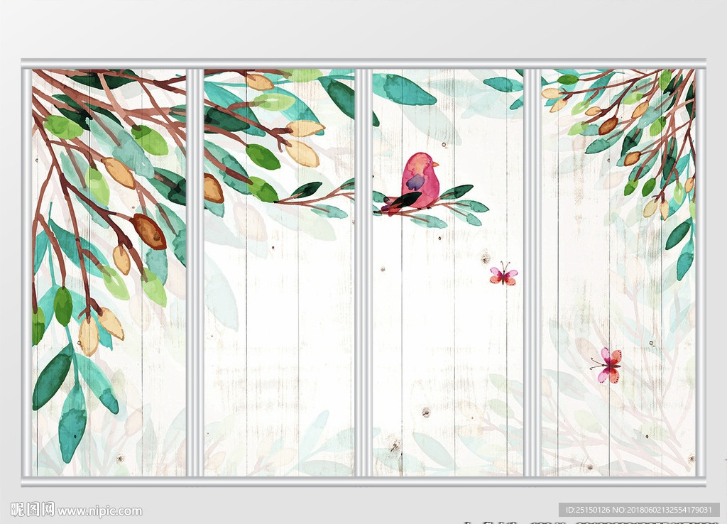 北欧简约木纹小清新绿色叶子移门