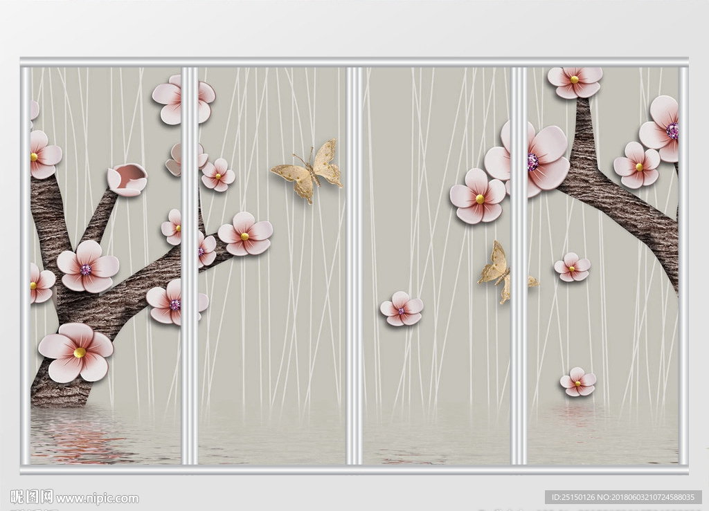 简约中式立体梅花树移门