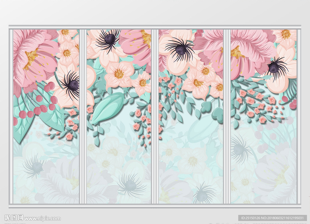 水彩浮雕花卉移门