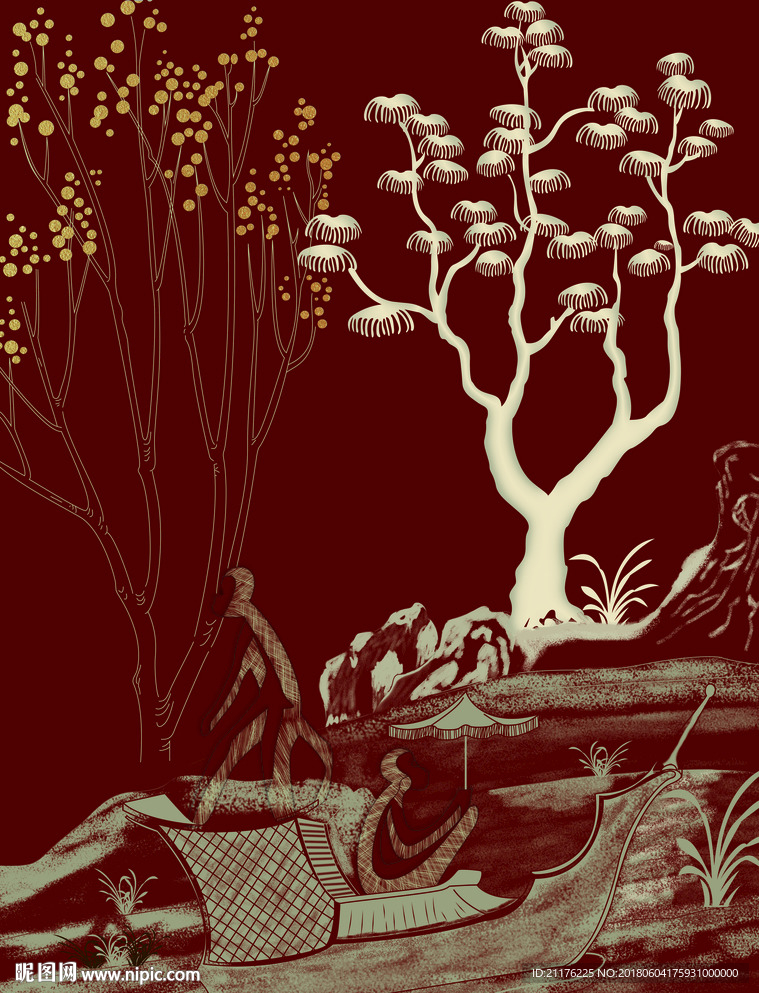 新中式背景墙猴子玉树（分层）