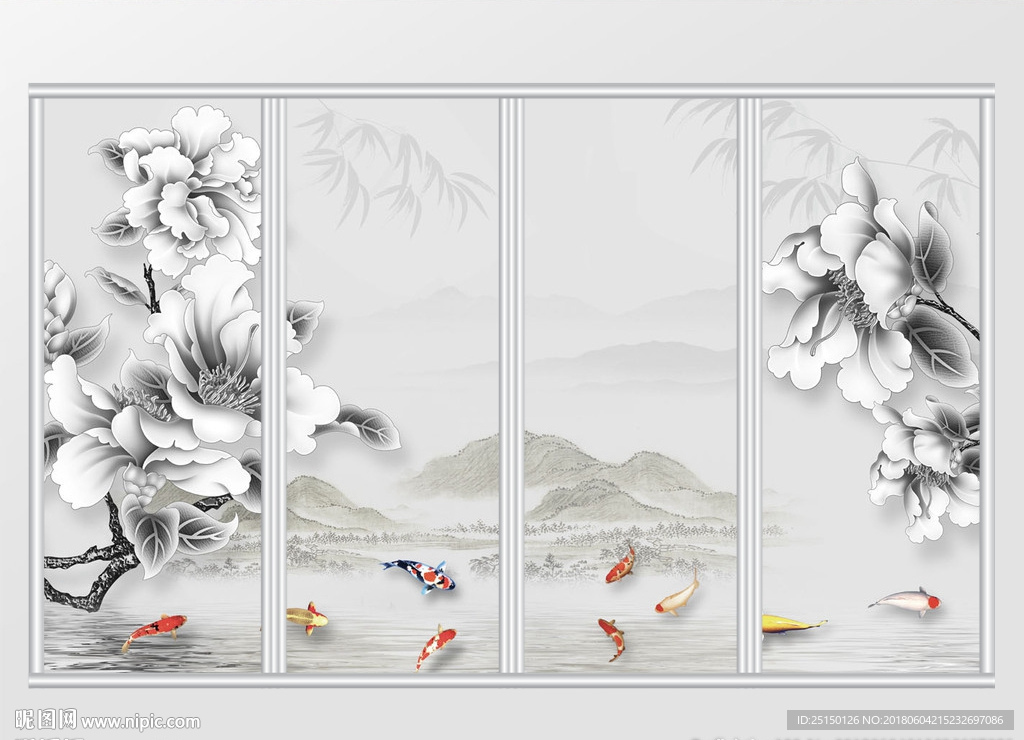 中国风复古色牡丹花九鱼图移门