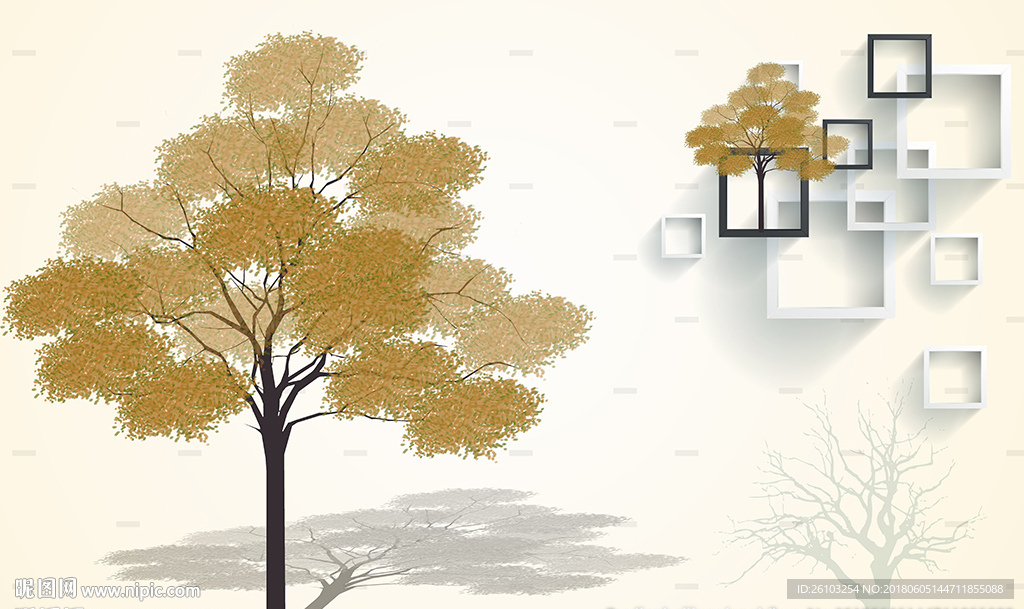 简约小树黑白框框电视背景墙