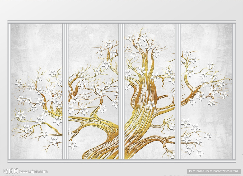 金色树木立体花卉移门