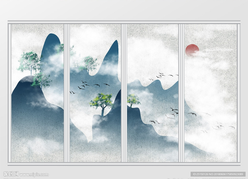 手绘中式意境山水移门