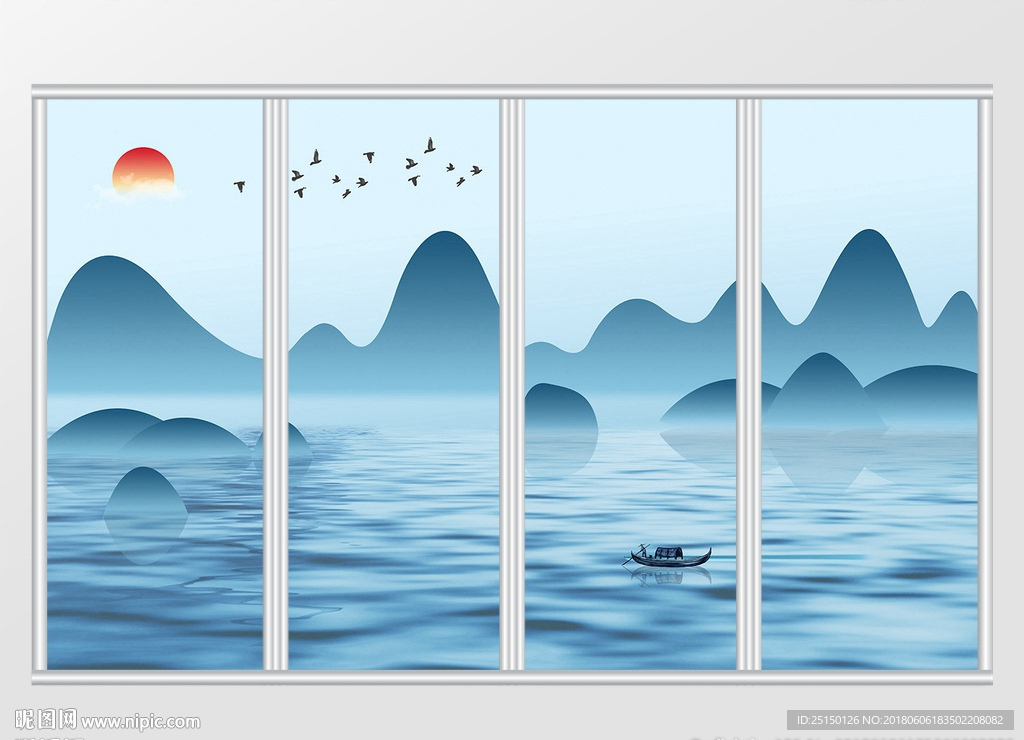 意境蓝色淡雅清新山水移门