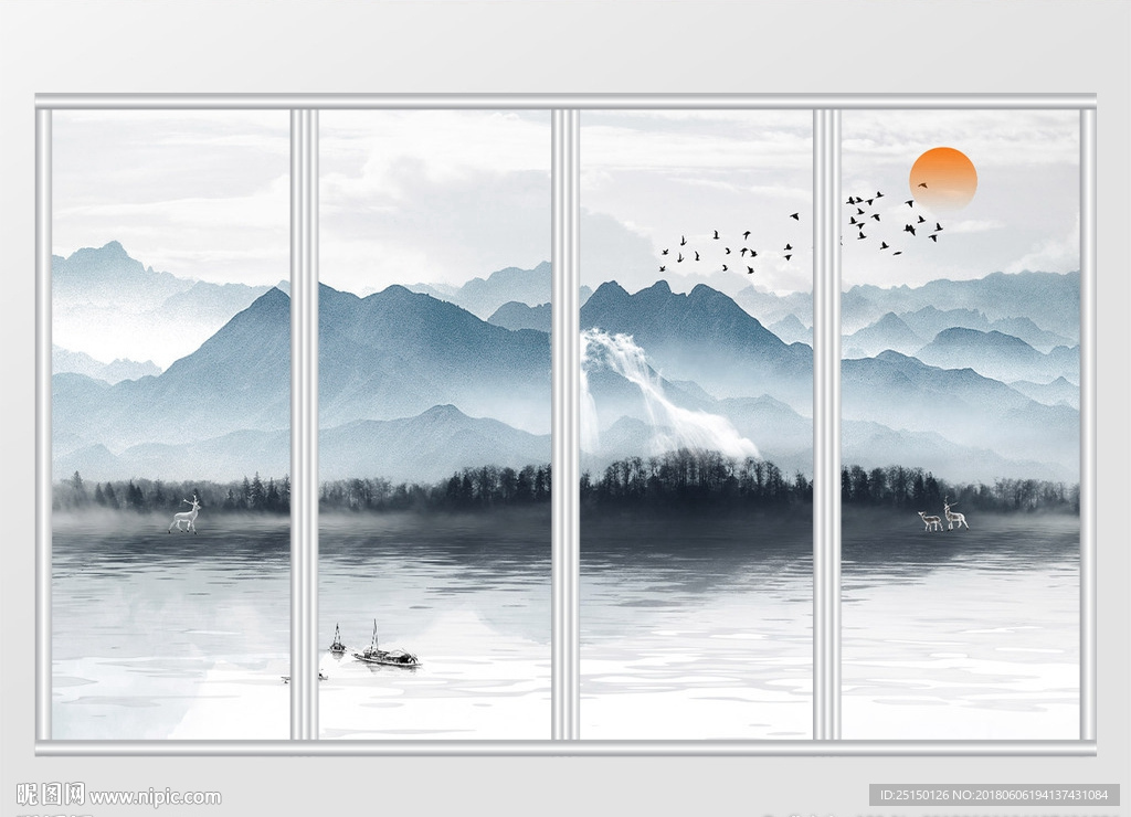 中式山水丛林麋鹿飞鸟移门