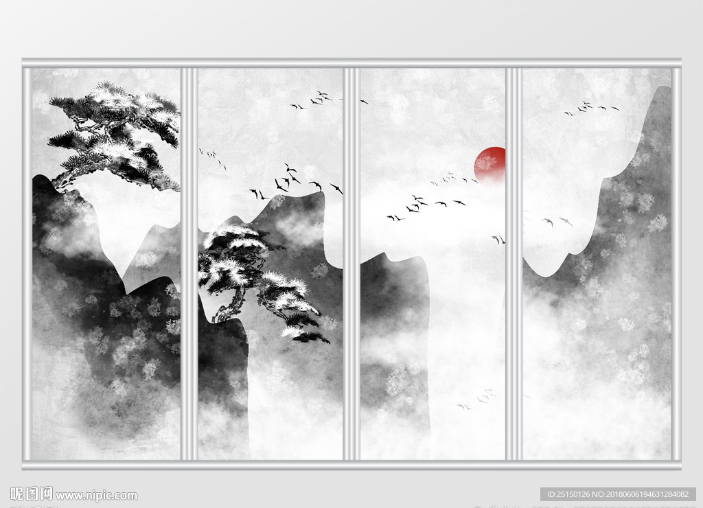 中式水墨山水意境雪景松树移门