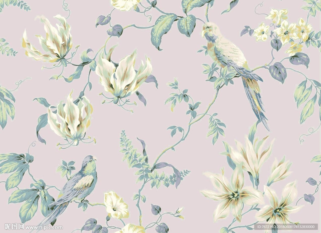 美式花鸟植物东南亚鹦鹉墙纸背景