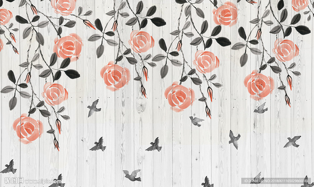 手绘玫瑰木纹北欧背景墙