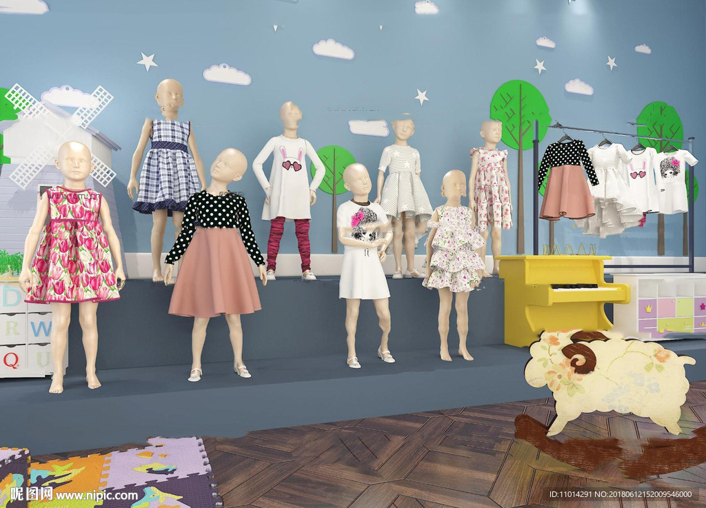 现代童装模特钢琴组合3D模型