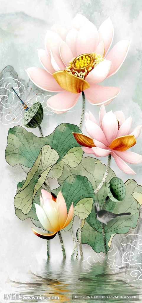 新中式荷花鱼鸟山水高清图