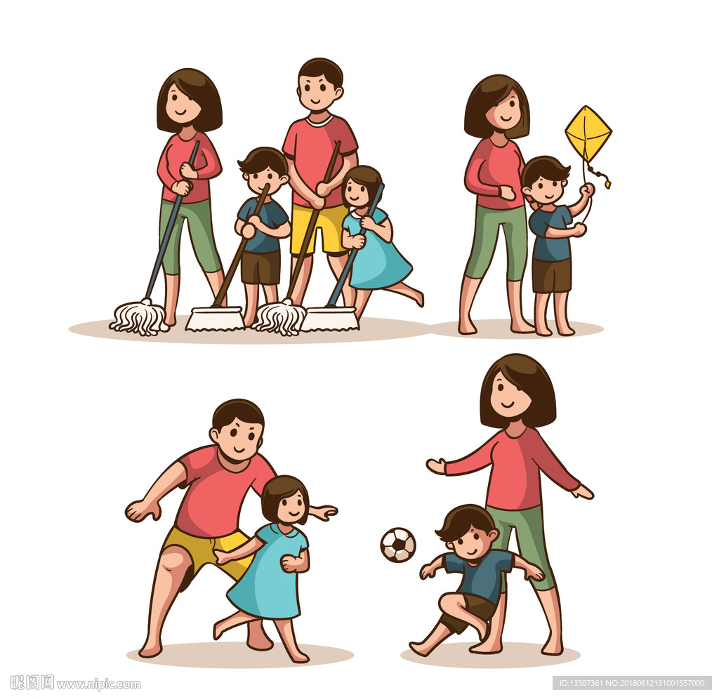 扁平化设计亲子运动卡通形象插画