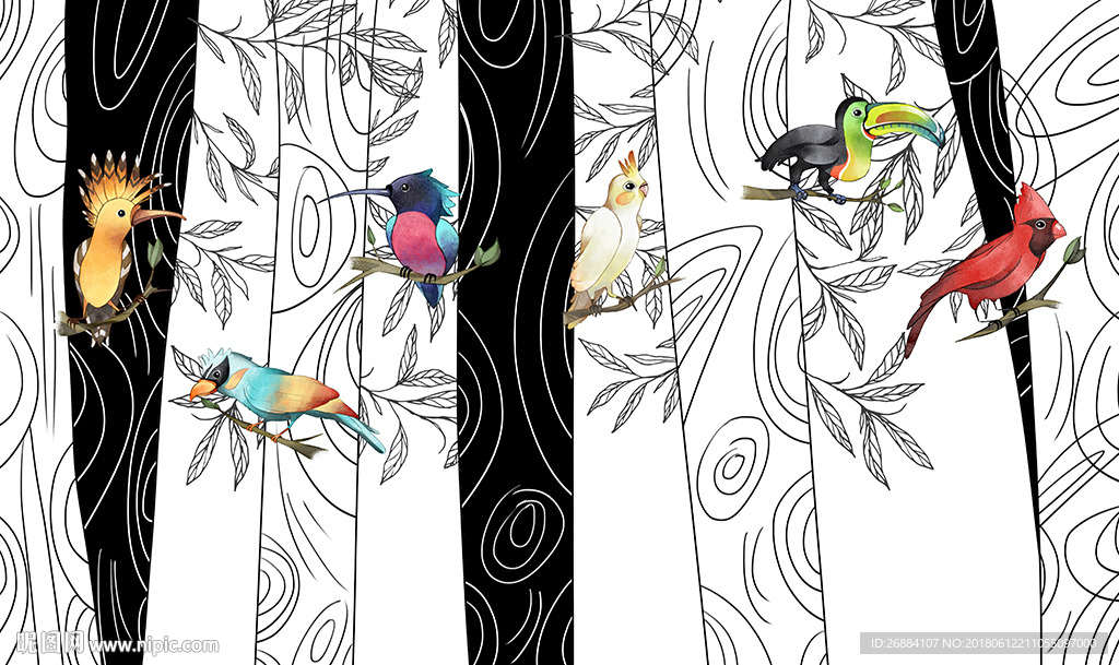 简约手绘树林飞鸟手绘背景墙装饰