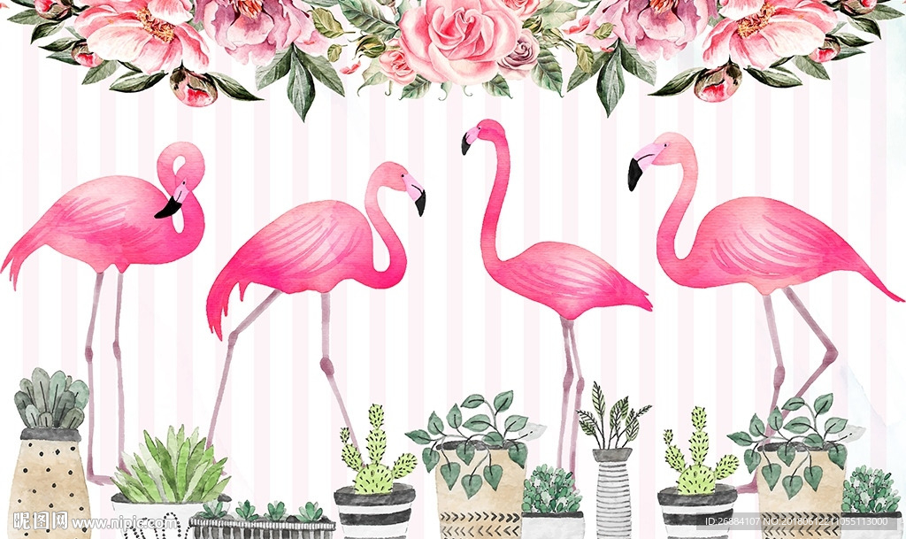 北欧火烈鸟绿色植物花卉背景墙