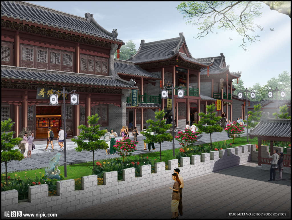 古建筑效果图 门楼牌坊 寺庙广