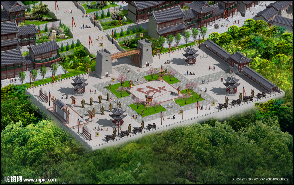 古建筑效果图 门楼牌坊 寺庙广