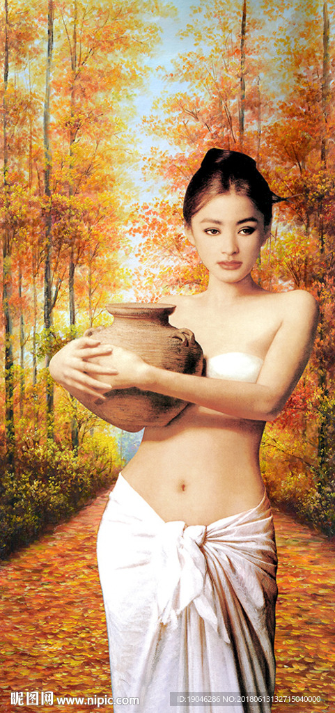 抱陶女油画玄关背景墙