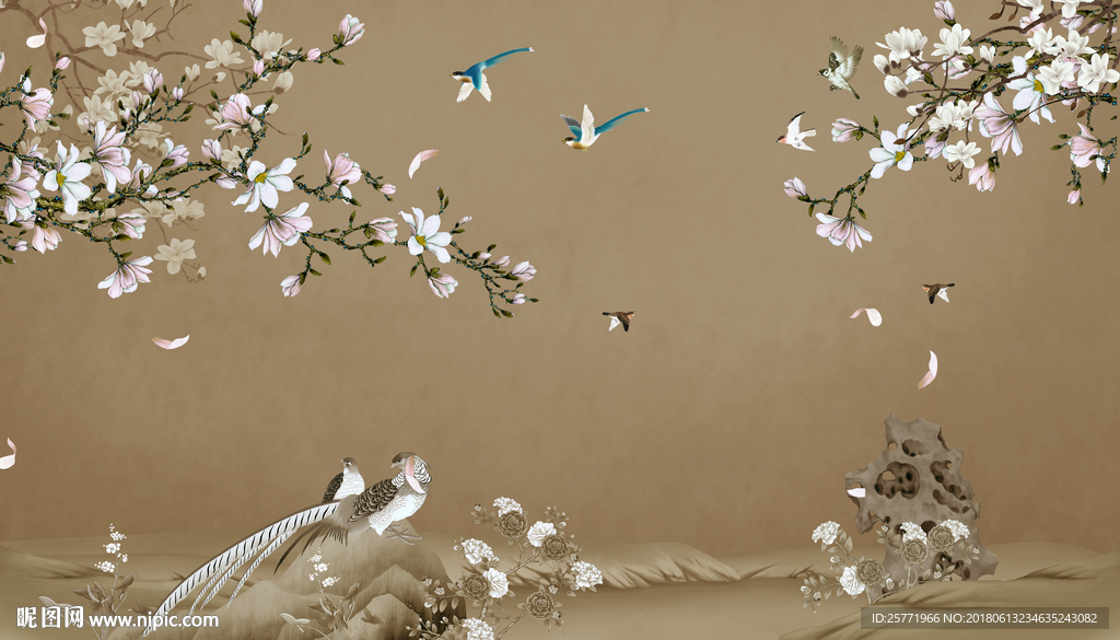 大型工笔玉兰花鸟移门隔断屏风