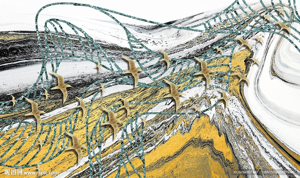 新中式抽象水墨线意境山水背景墙