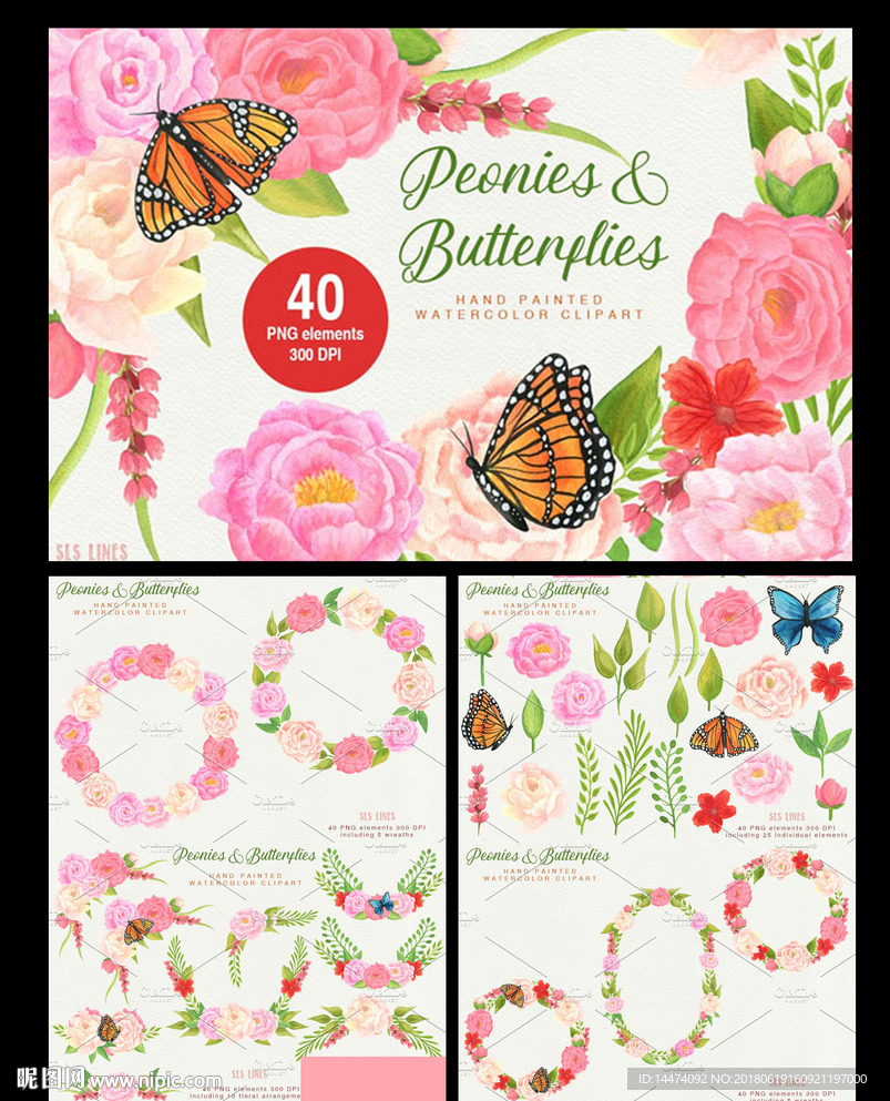 水彩花卉花环牡丹蝴蝶插画