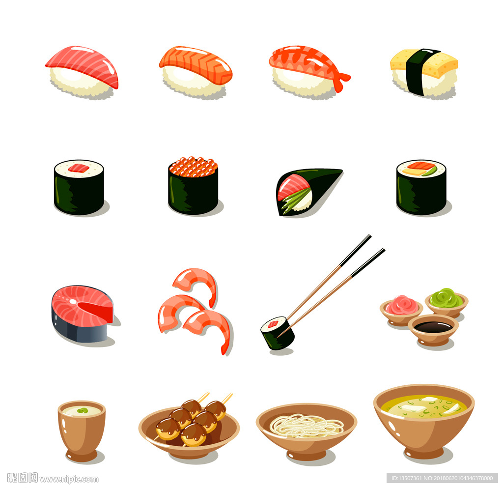 手绘寿司UI图标插画设计矢量图