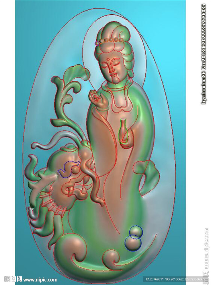 观音戏龙乘龙站立观音挂件精雕图