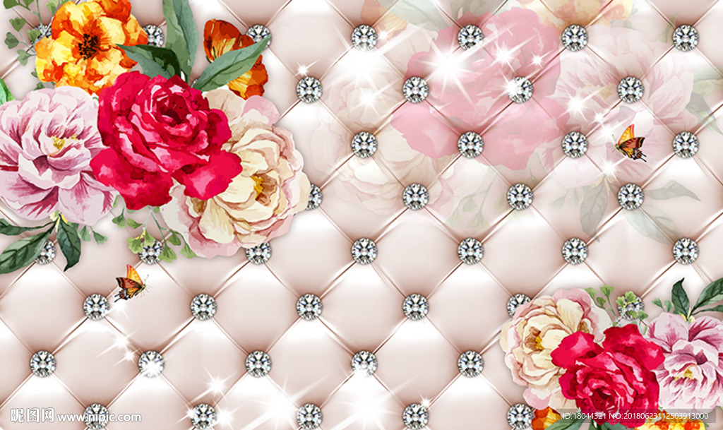 水彩花朵钻石软包欧式电视背景墙
