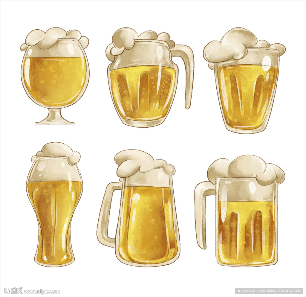 手绘多种装满啤酒的啤酒杯插画