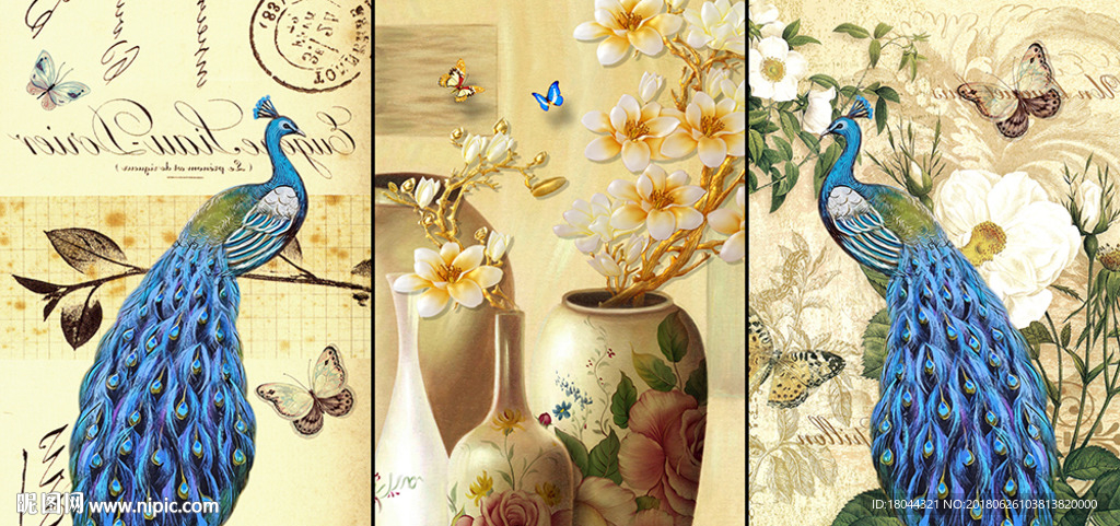 蓝色孔雀复古花瓶蝴蝶装饰画