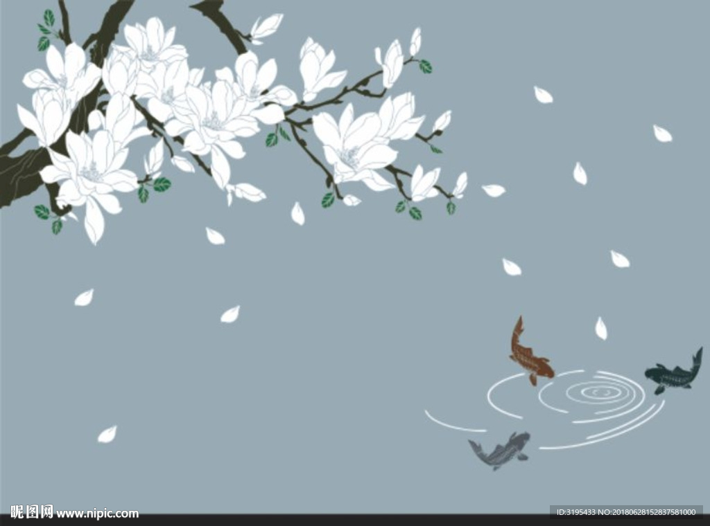 玉兰花 鱼 硅藻泥矢量图