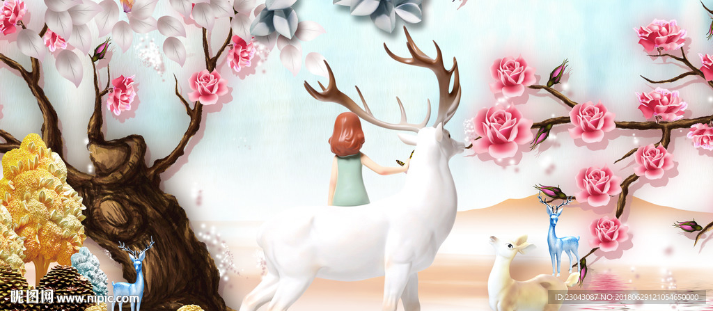 清新森林麋鹿飞鸟三联装饰画北欧