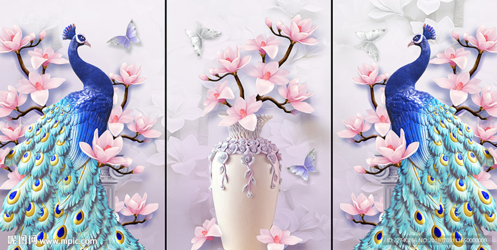 浮雕孔雀玉兰花开三联画装饰画