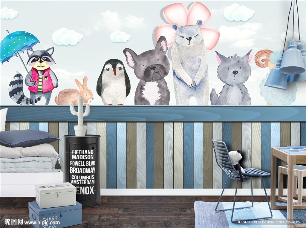 手绘卡通动物儿童卧室背景墙