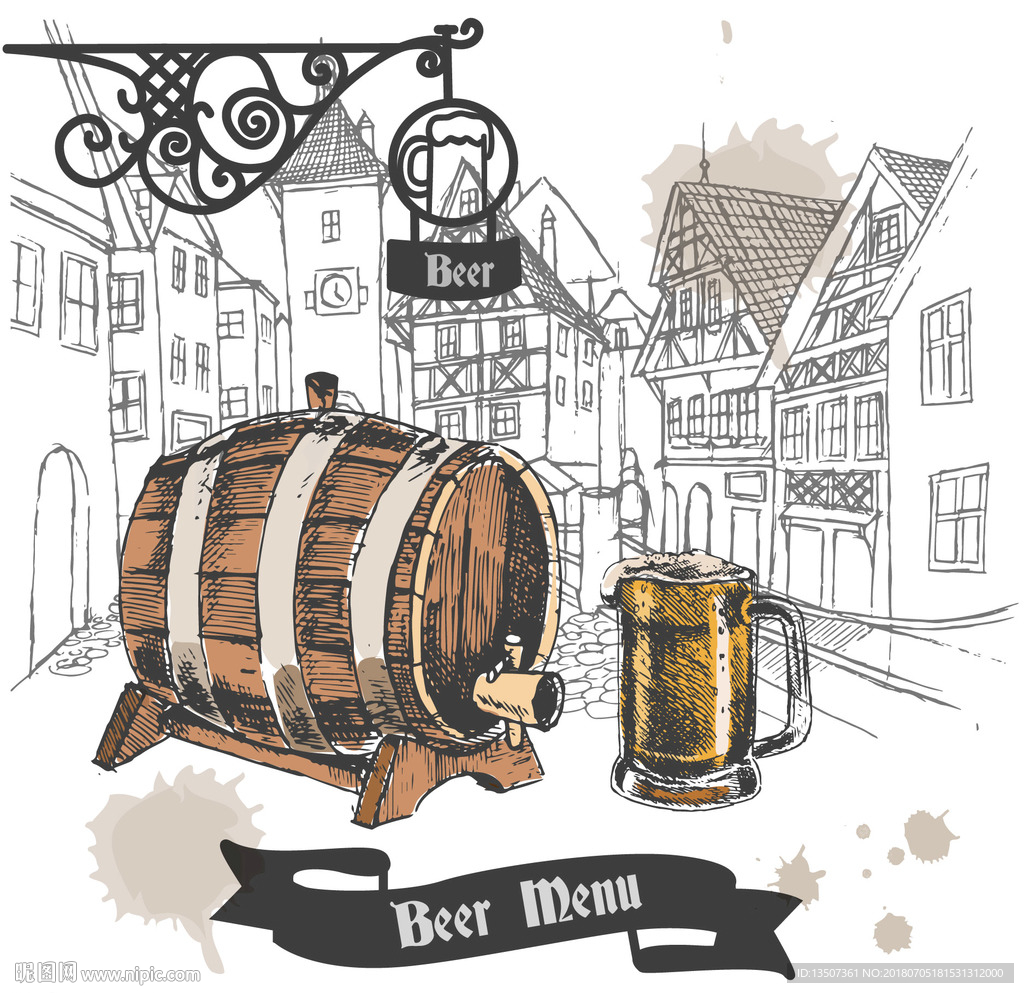 手绘复古大气酒吧装饰画矢量图