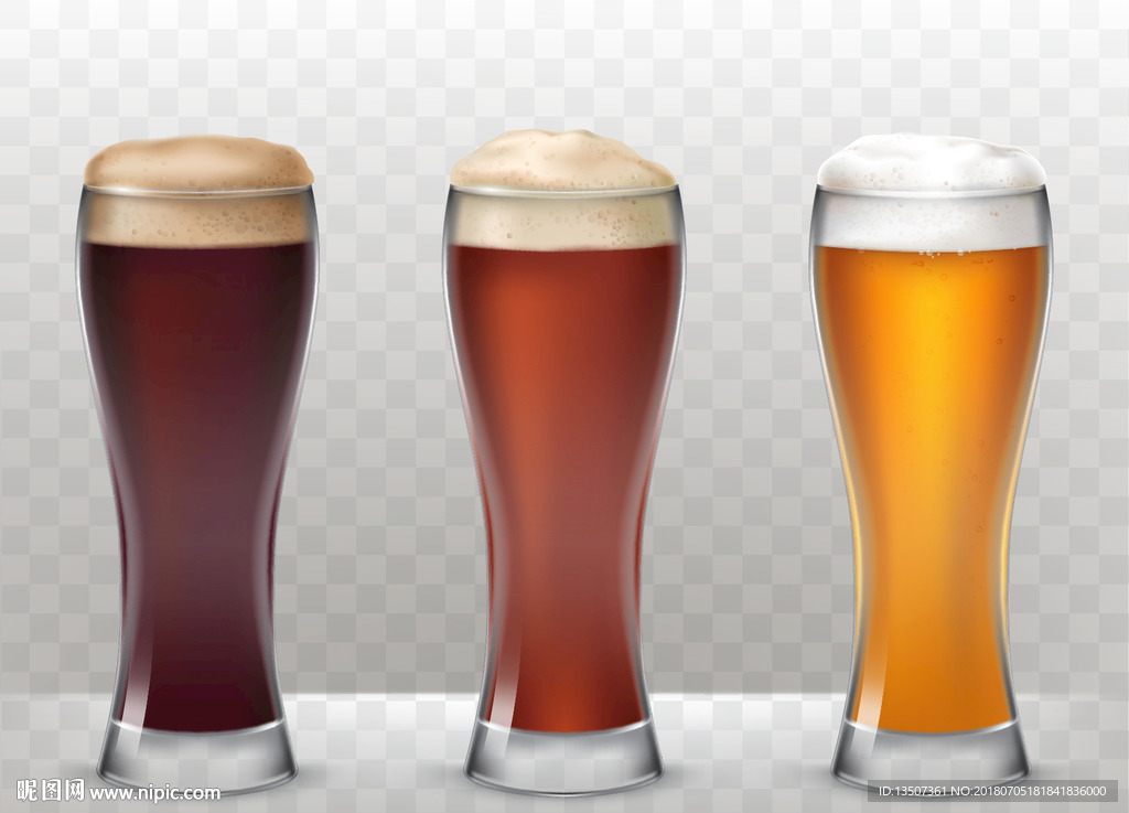 手绘三个装满啤酒的酒杯插画设计