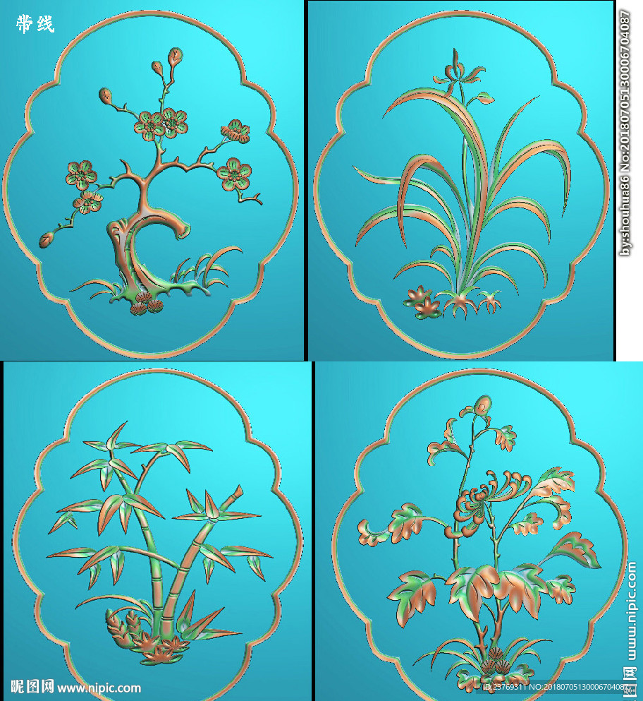 梅兰竹菊门板衣柜精雕图浮雕灰度