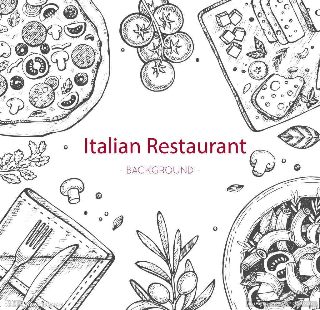 手绘黑白线描厨房餐厅插画设计