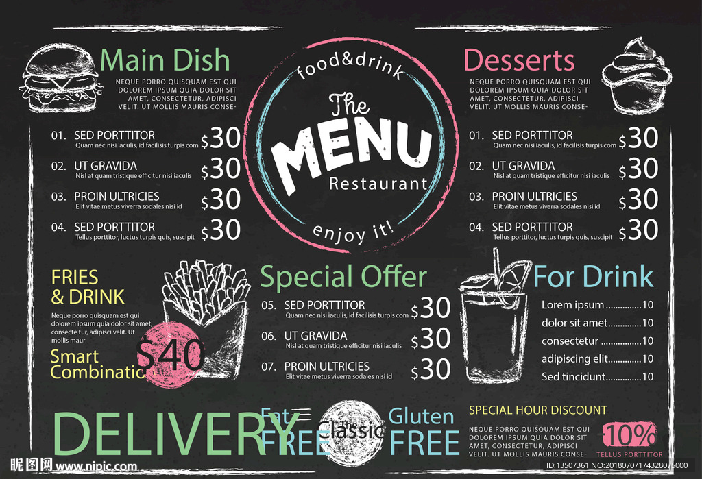 手绘黑板风格餐厅菜单设计矢量图