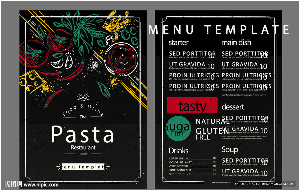 手绘水彩墨点效果西餐菜单设计