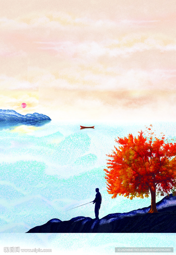 中式意境山水地产插画广告垂钓