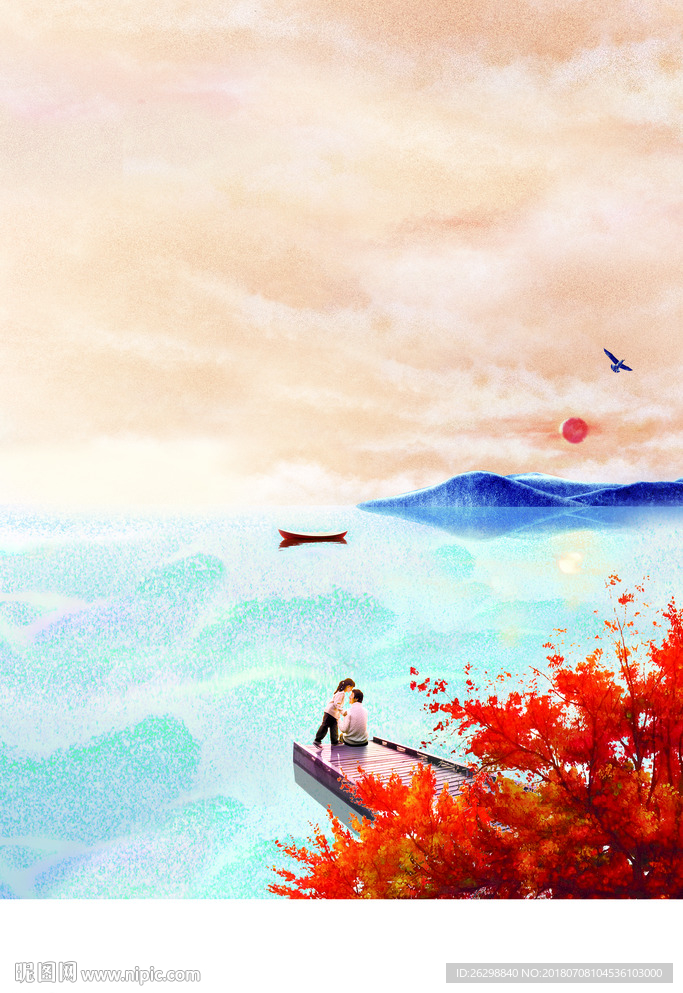 中式意境山水地产插画广告温暖