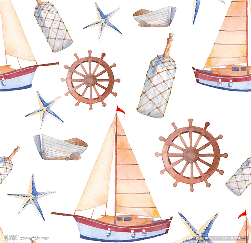 手绘水彩帆船海星漂流瓶印花面料
