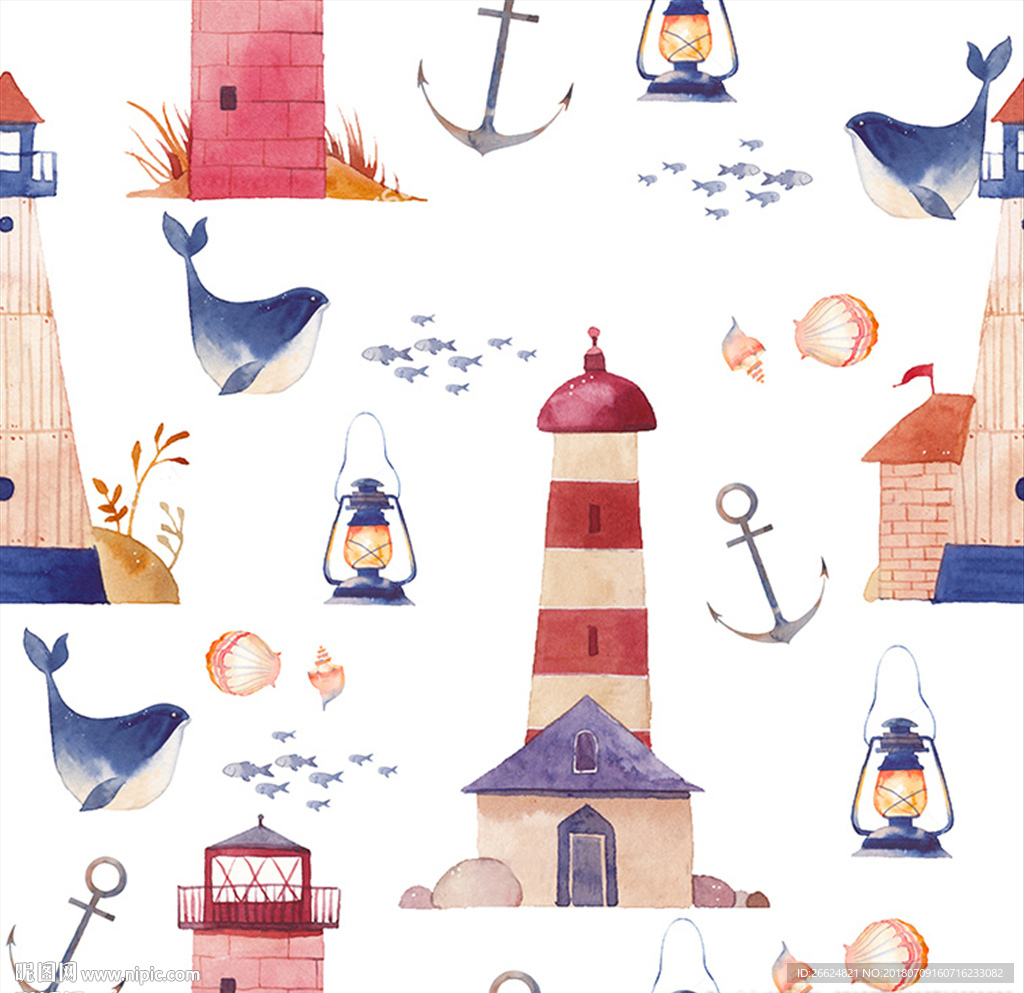 手绘水彩灯塔鲸鱼油灯船锚海豚图