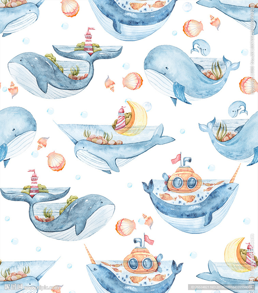 手绘水彩海洋海豚素材贝壳素材