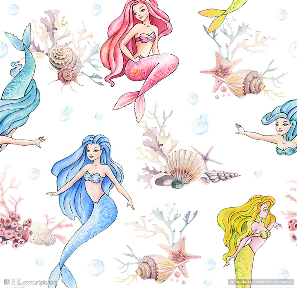 手绘水彩美人鱼珊瑚礁贝壳墙纸图